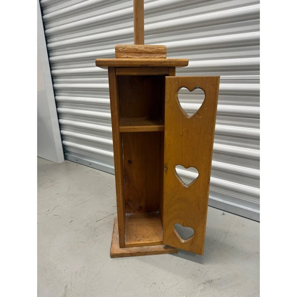 Vintage Rustic Wood Toilet Paper Holder Heart Cutouts Farmhouse Storage Cabinet